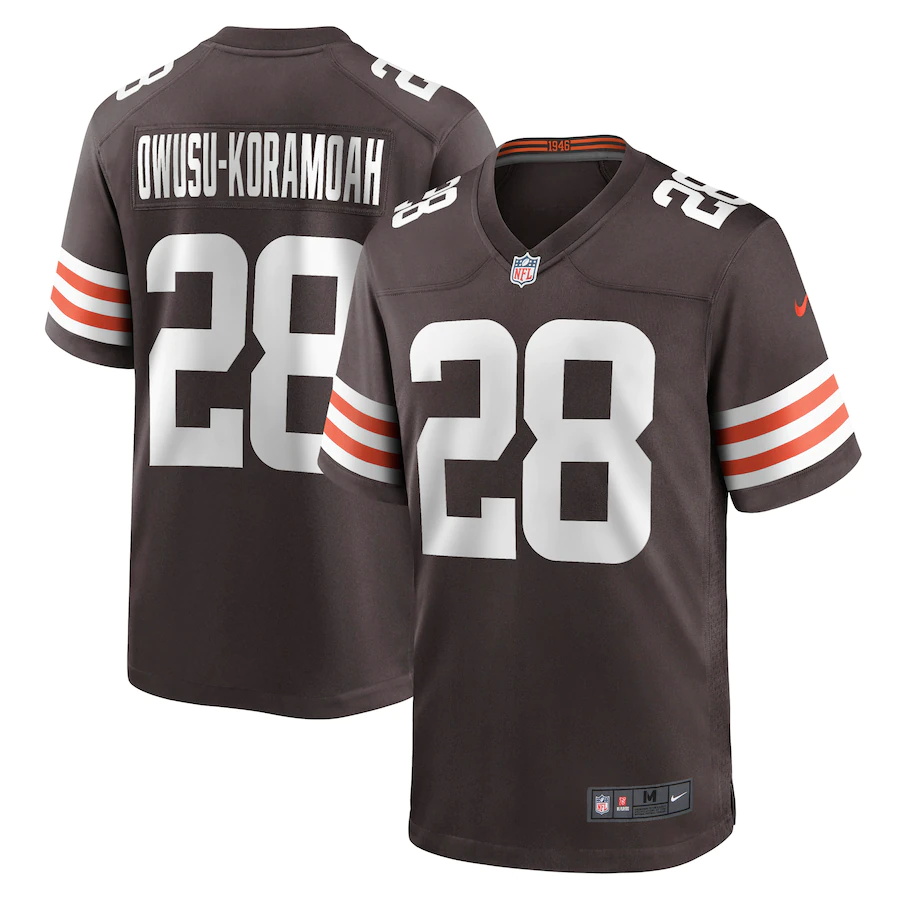 Custom Mens Cleveland Browns 28 Jeremiah Owusu-Koramoah Nike Brown 2021 NFL Draft Pick Player Game Jersey